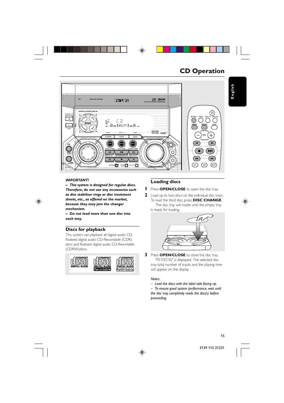 Cd operation, Discs for playback, Loading discs 1 | Open•close, Press open/close to open the disc tray | Philips FW C255 User Manual | Page 15 / 28