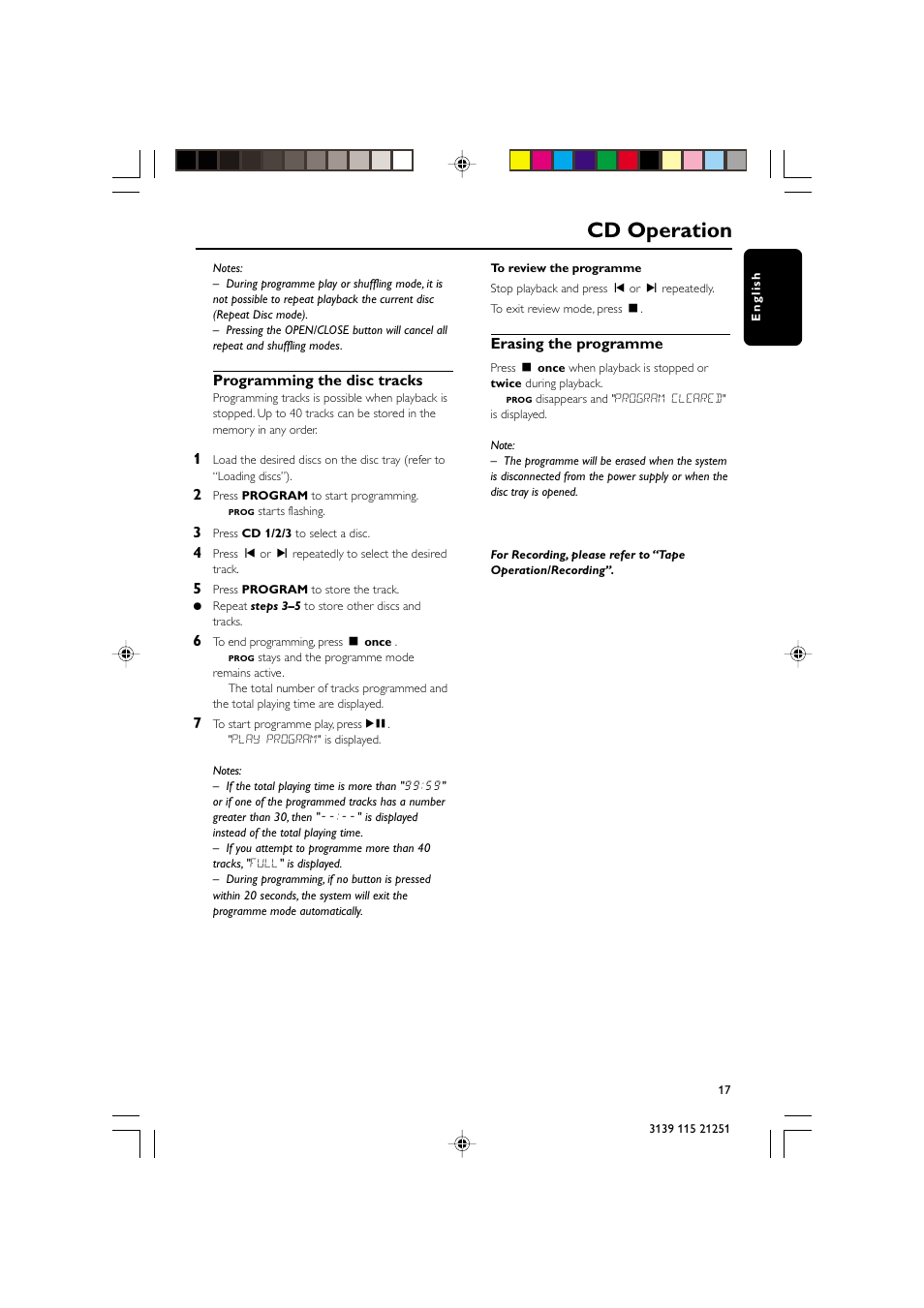 Cd operation, Programming the disc tracks, Erasing the programme | Philips FW C255 User Manual | Page 17 / 28
