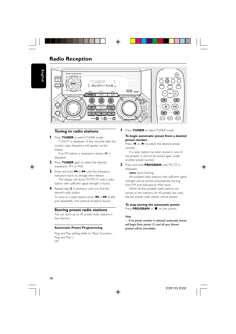 Radio reception, Tuning to radio stations 1, Storing preset radio stations | Press and hold program until " auto" is displayed | Philips FW C255 User Manual | Page 18 / 28