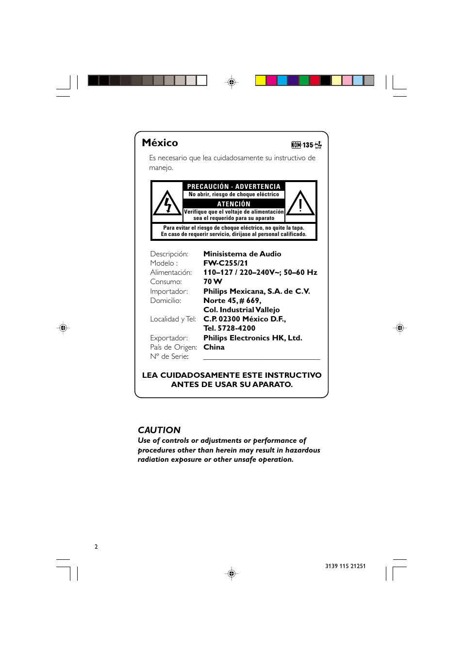 México, Caution | Philips FW C255 User Manual | Page 2 / 28