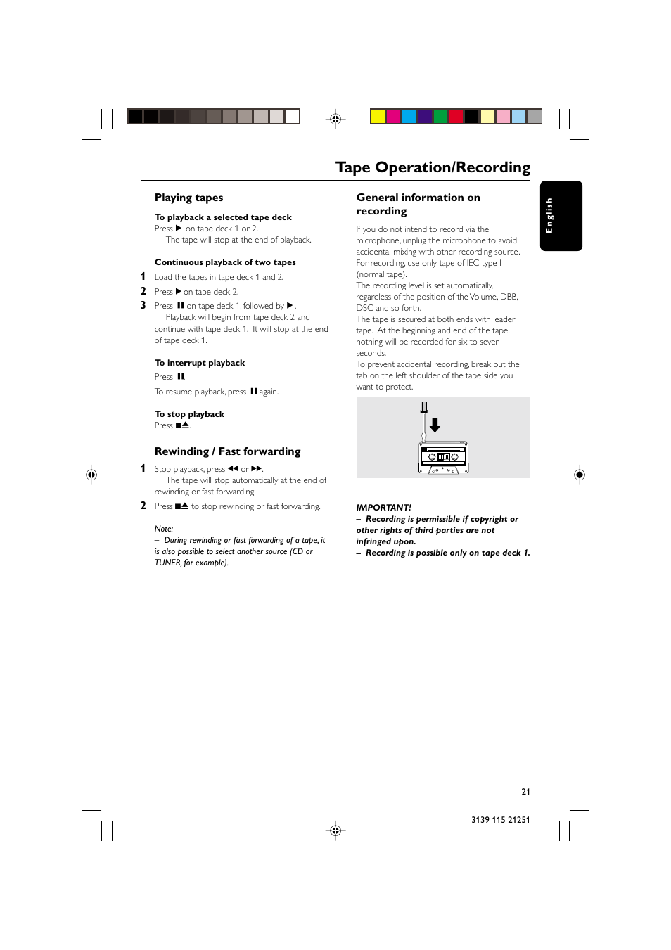 Tape operation/recording | Philips FW C255 User Manual | Page 21 / 28