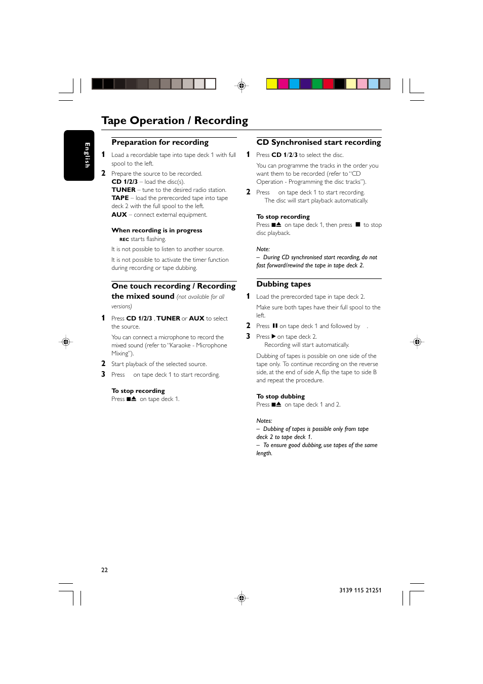 Tape operation / recording | Philips FW C255 User Manual | Page 22 / 28