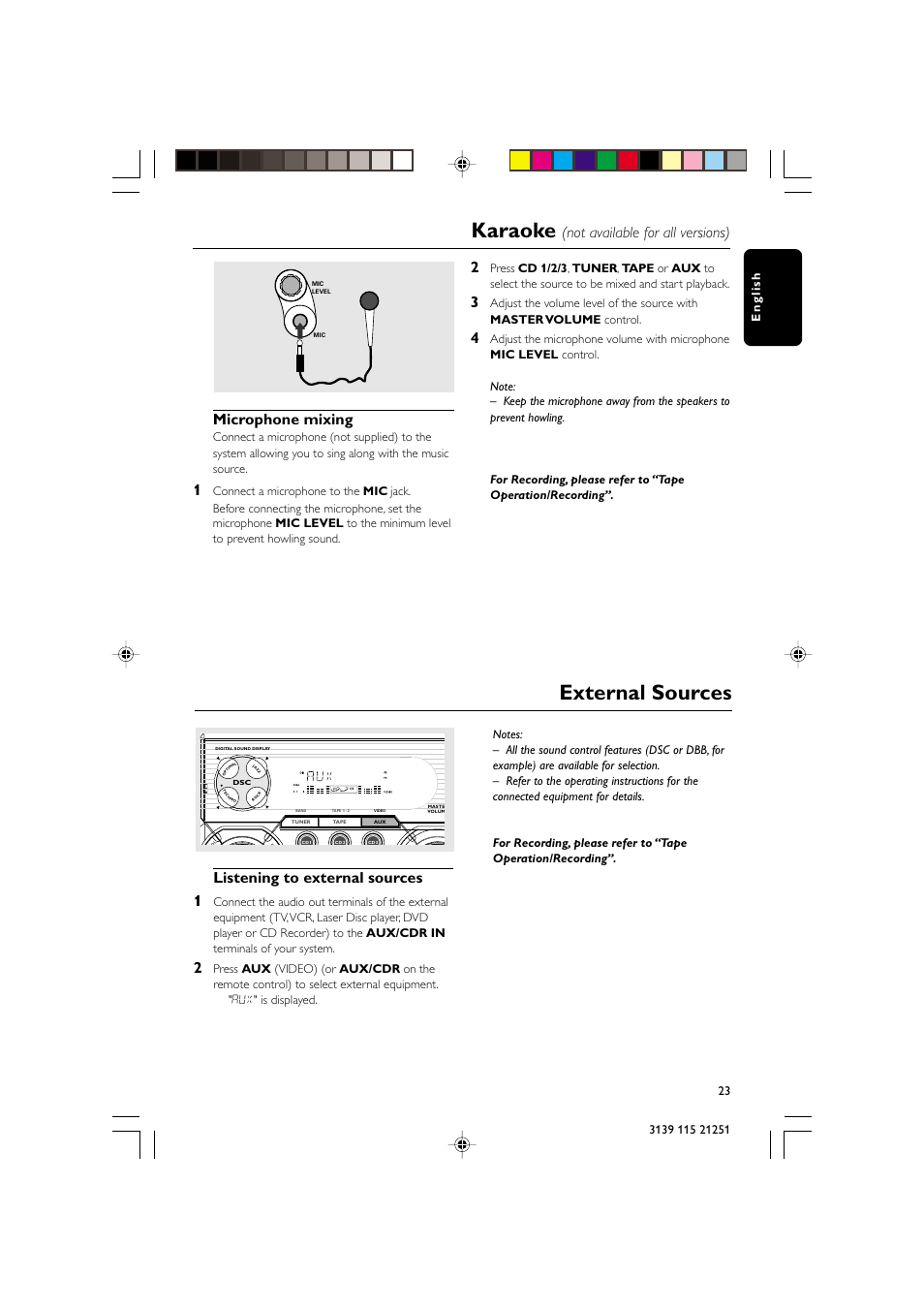 Karaoke, External sources, Microphone mixing | Not available for all versions), Listening to external sources 1 | Philips FW C255 User Manual | Page 23 / 28