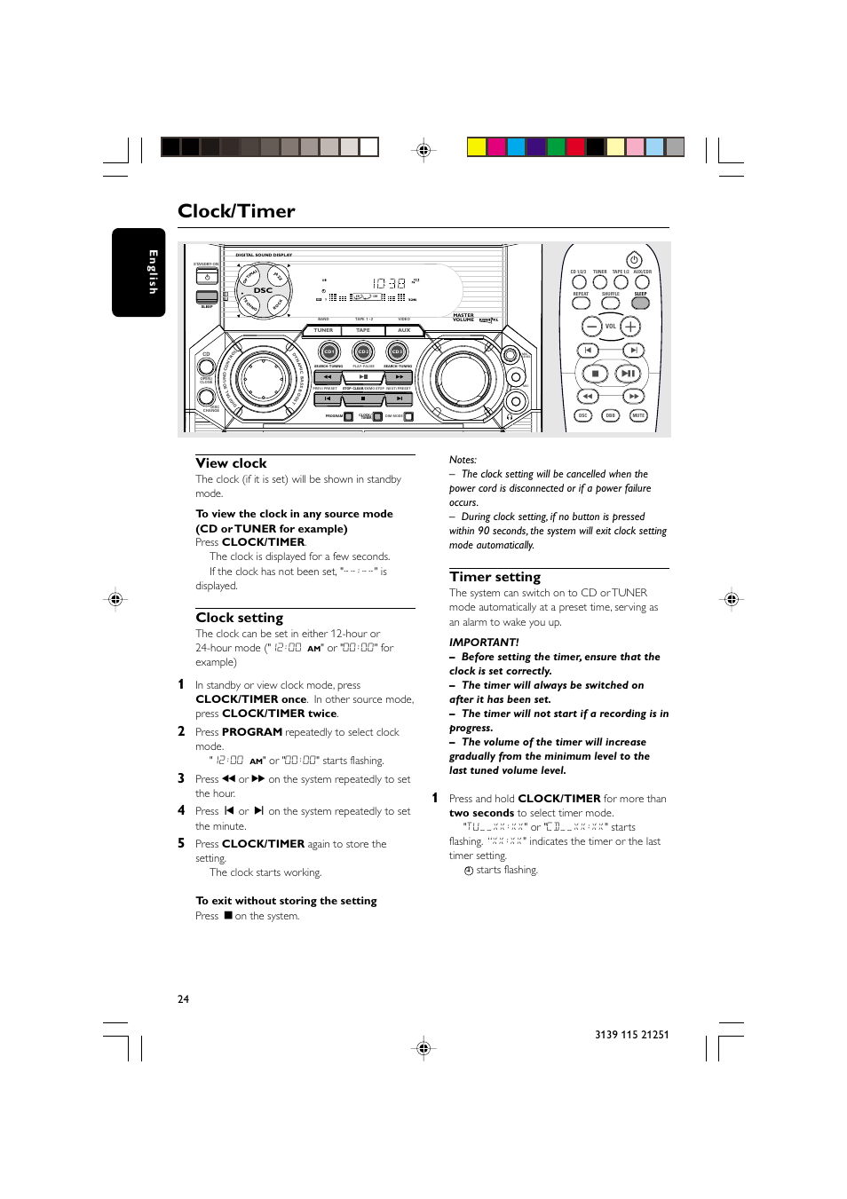 Clock/timer, View clock, Clock setting | Timer setting, Or " 00:00" for example), Or " 00:00" starts flashing | Philips FW C255 User Manual | Page 24 / 28