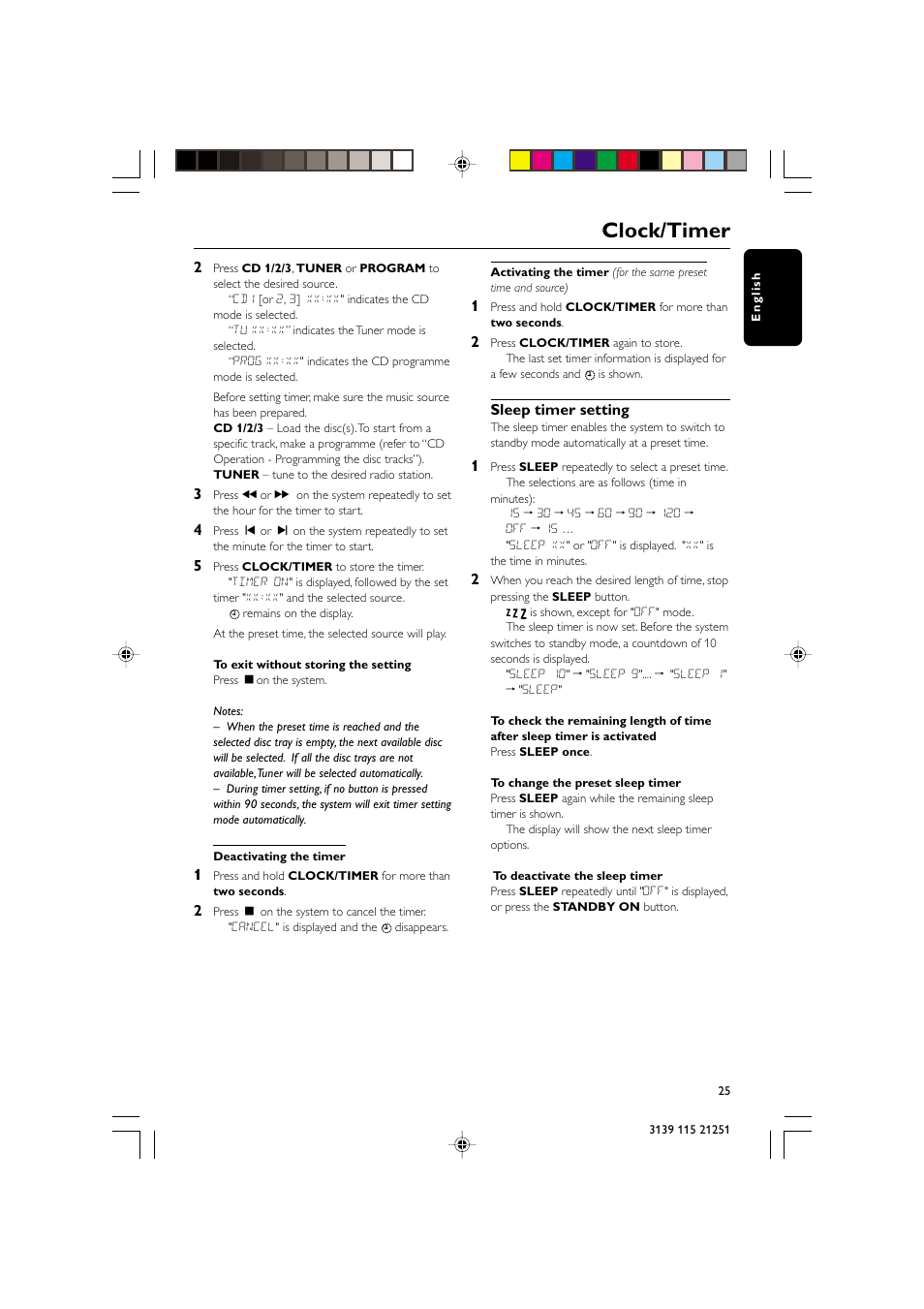 Clock/timer, Sleep timer setting | Philips FW C255 User Manual | Page 25 / 28