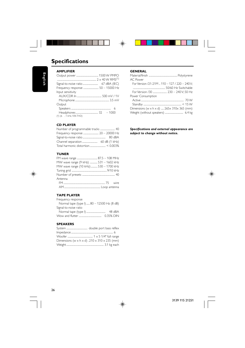 Specifications | Philips FW C255 User Manual | Page 26 / 28