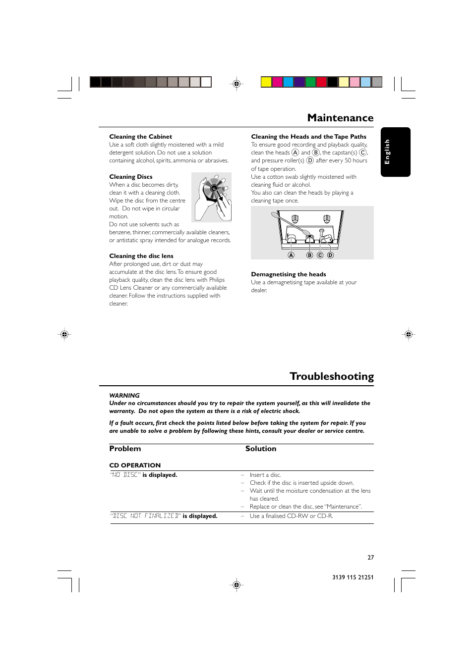 Troubleshooting, Maintenance | Philips FW C255 User Manual | Page 27 / 28