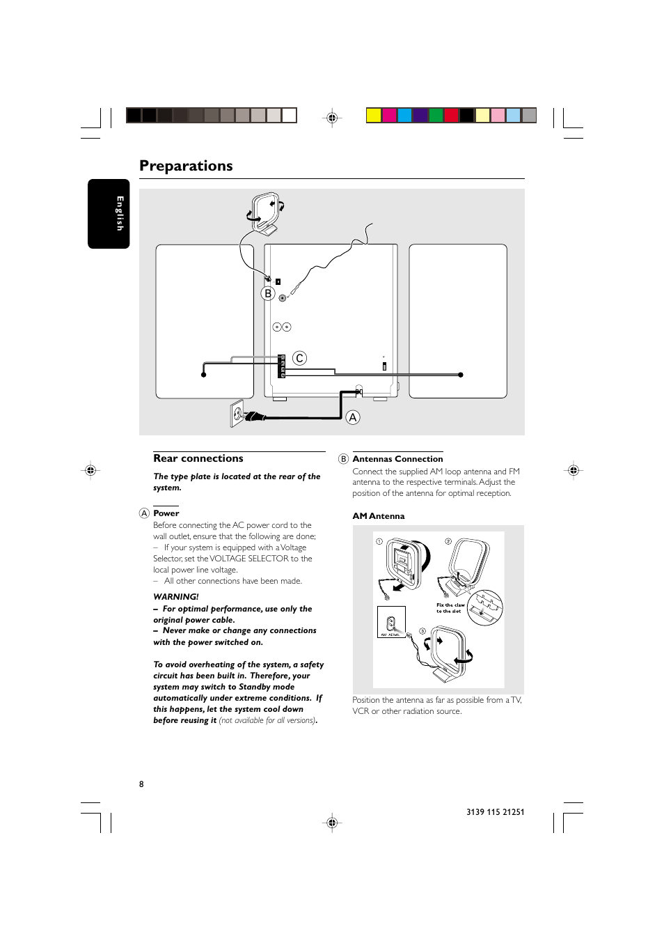 Preparations, Speaker (right) speaker (left), Rear connections | Fm wire antenna am loop antenna, Ac power cord | Philips FW C255 User Manual | Page 8 / 28