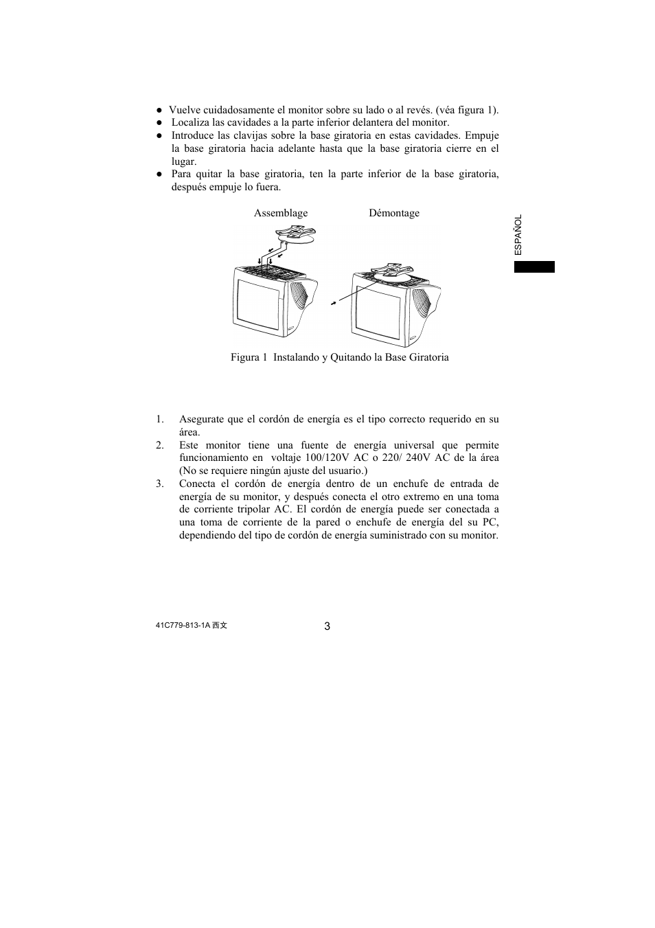 Instrucciones de instalación, Base giratoria, Cordón de energía | Fuente de energía | Philips 107S61 User Manual | Page 19 / 46