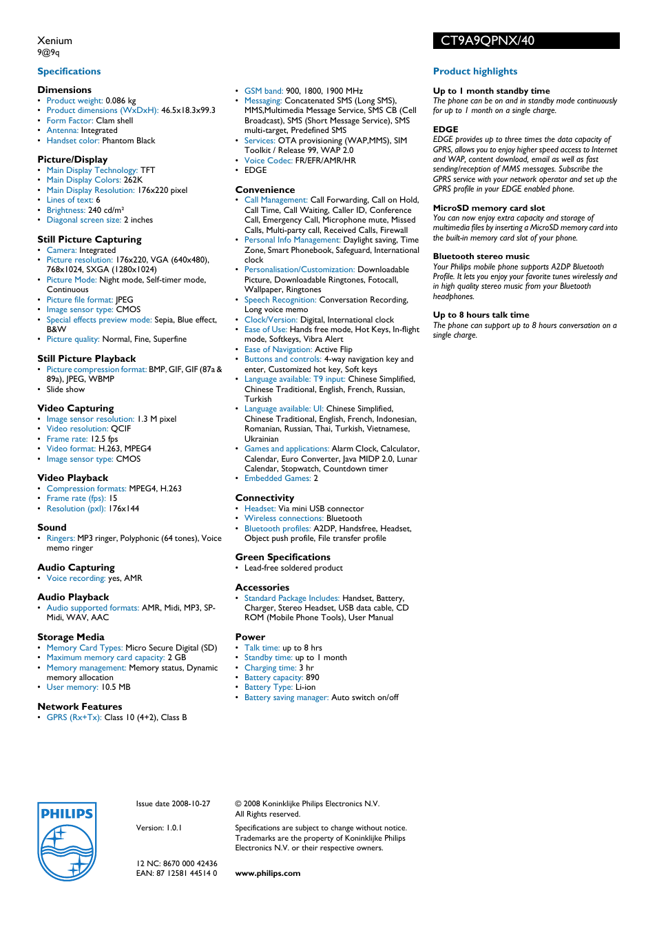 Ct9a9qpnx/40 | Philips Xenium CT9A9QPNX User Manual | Page 2 / 2