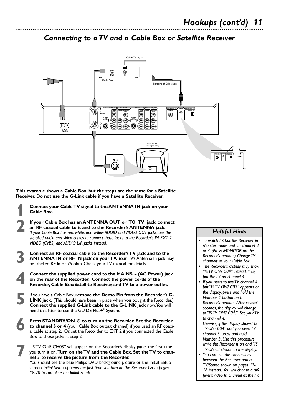 Hookups (cont’d) 11, Helpful hints | Philips DVDR80/99 User Manual | Page 11 / 68