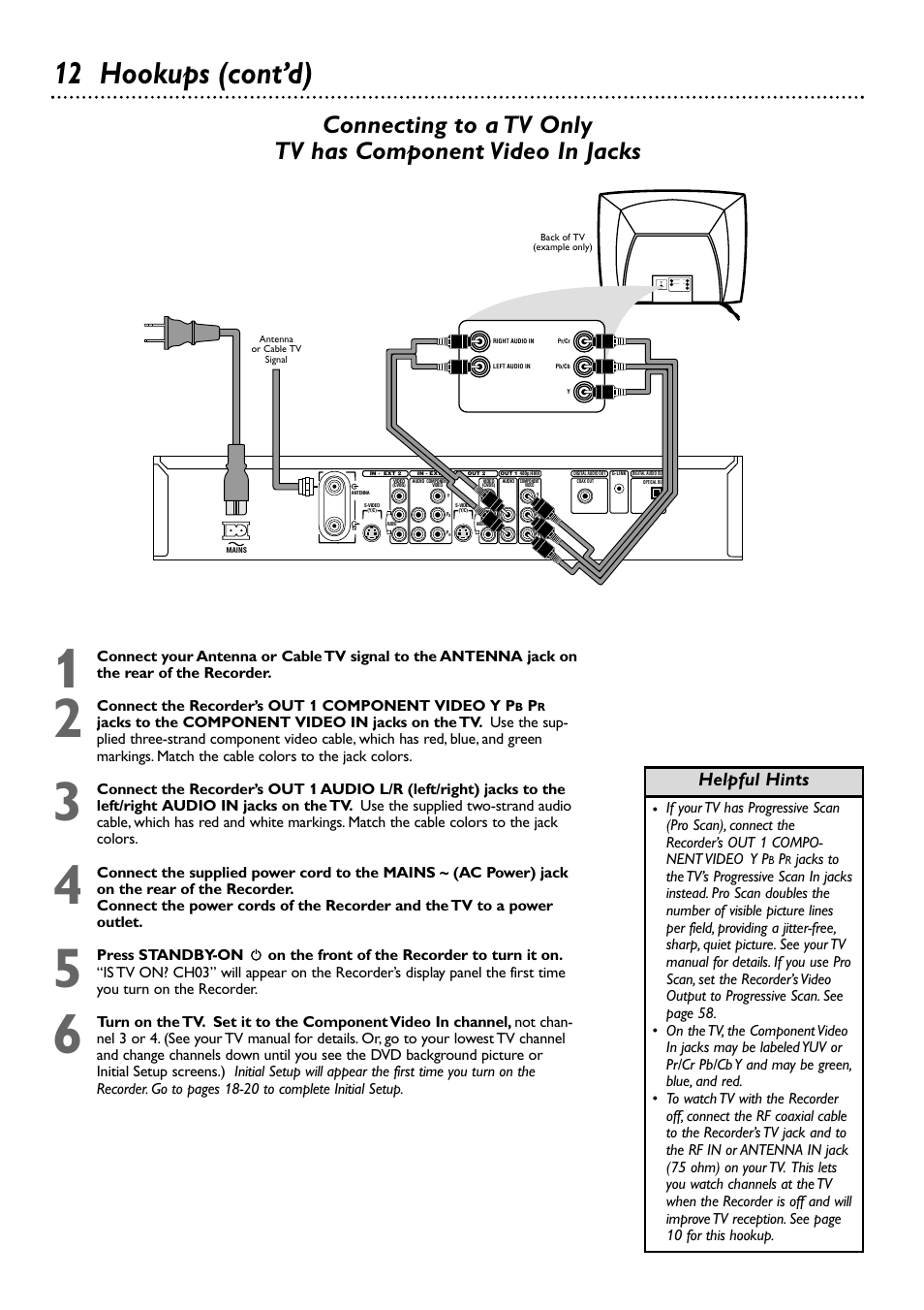 12 hookups (cont’d), Helpful hints, Connect the recorder’s out 1 component video y p | Philips DVDR80/99 User Manual | Page 12 / 68