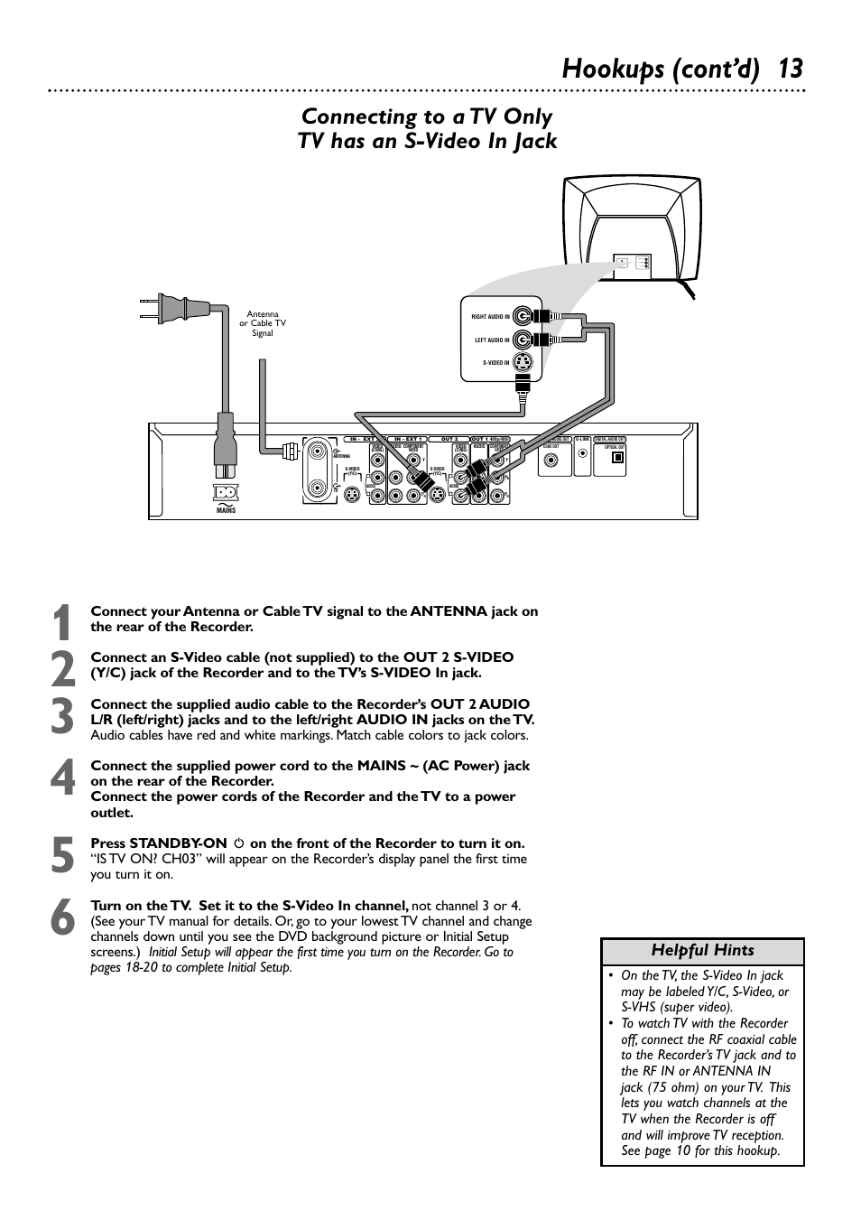 Hookups (cont’d) 13, Connecting to a tv only tv has an s-video in jack, Helpful hints | Philips DVDR80/99 User Manual | Page 13 / 68