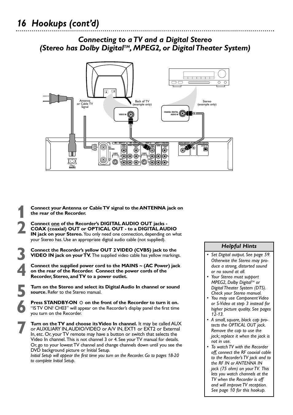 16 hookups (cont’d), Mpeg2, or digital theater system), Helpful hints | Philips DVDR80/99 User Manual | Page 16 / 68