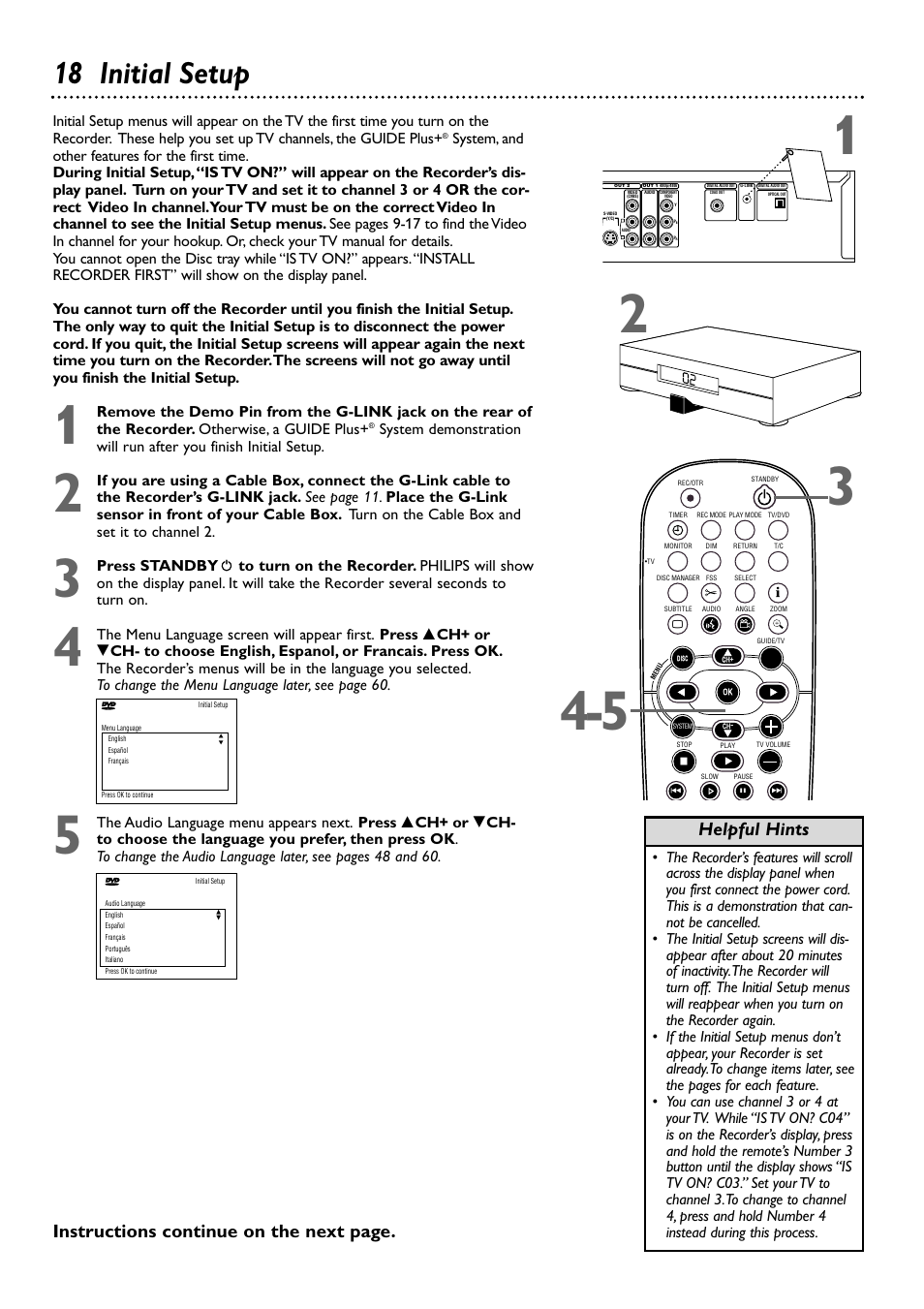 18 initial setup, Helpful hints, Instructions continue on the next page | Philips DVDR80/99 User Manual | Page 18 / 68