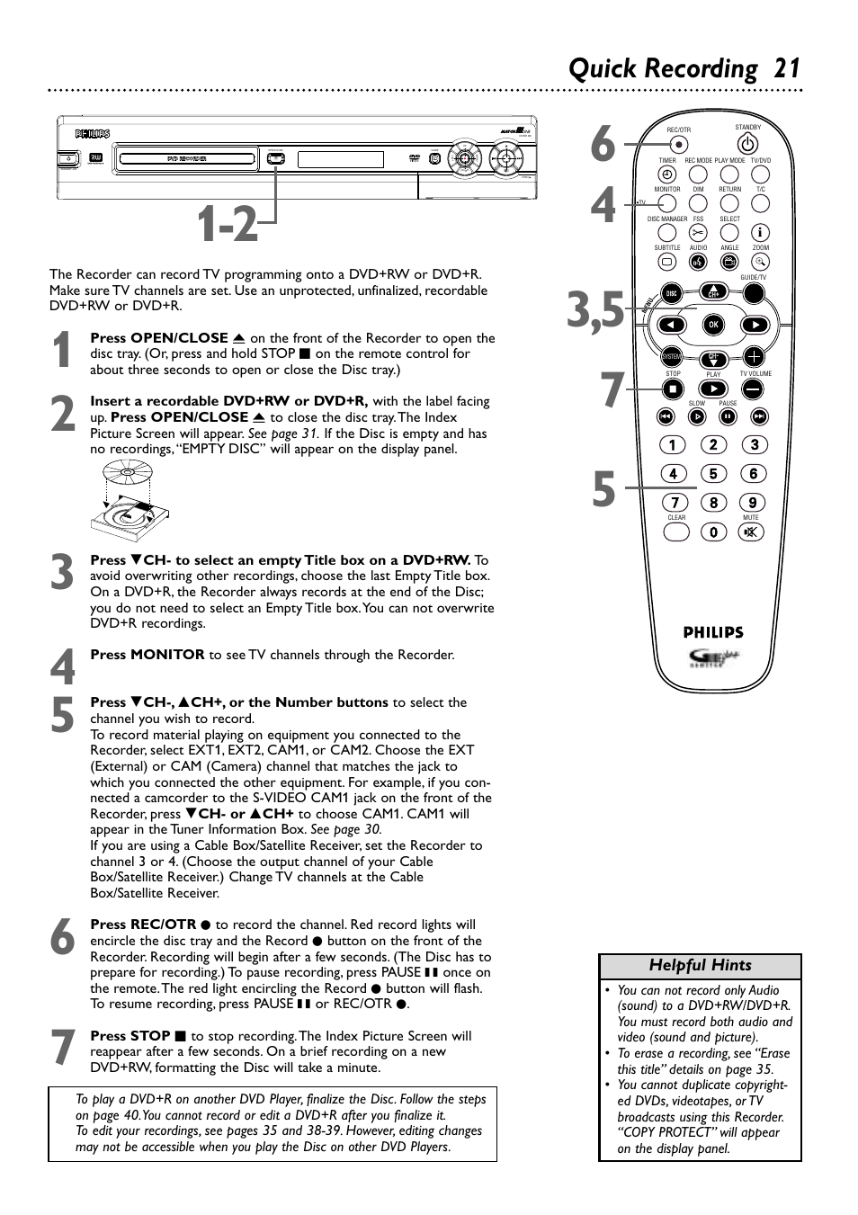 Quick recording 21 | Philips DVDR80/99 User Manual | Page 21 / 68