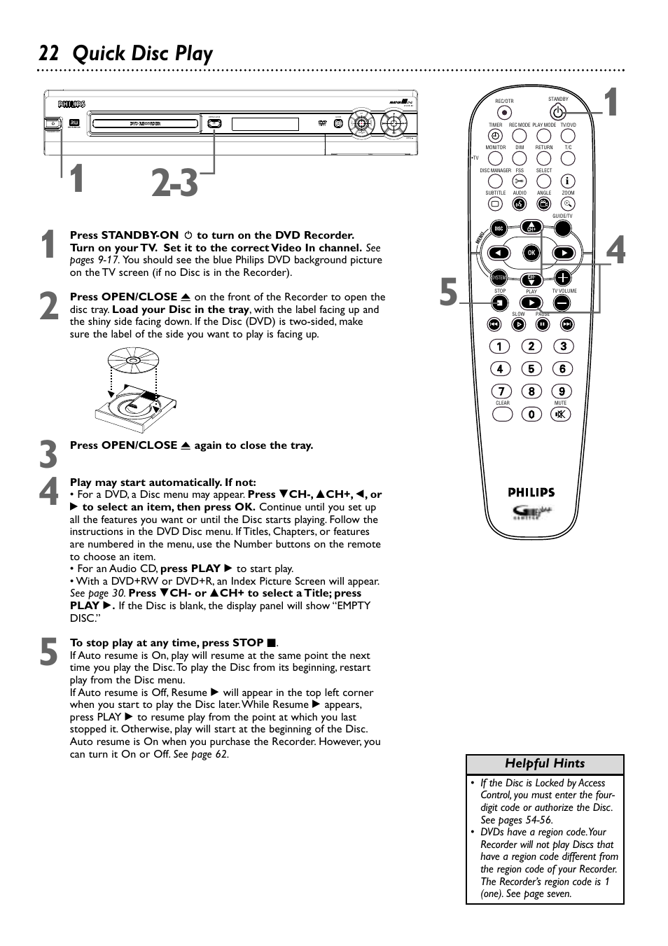 22 quick disc play, Helpful hints | Philips DVDR80/99 User Manual | Page 22 / 68