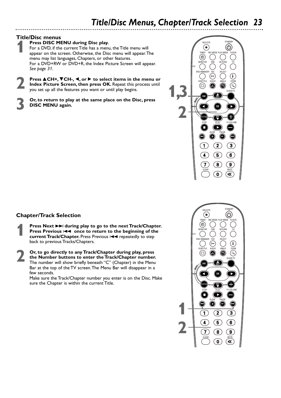 Title/disc menus, chapter/track selection 23, Title/disc menus, Chapter/track selection | Philips DVDR80/99 User Manual | Page 23 / 68