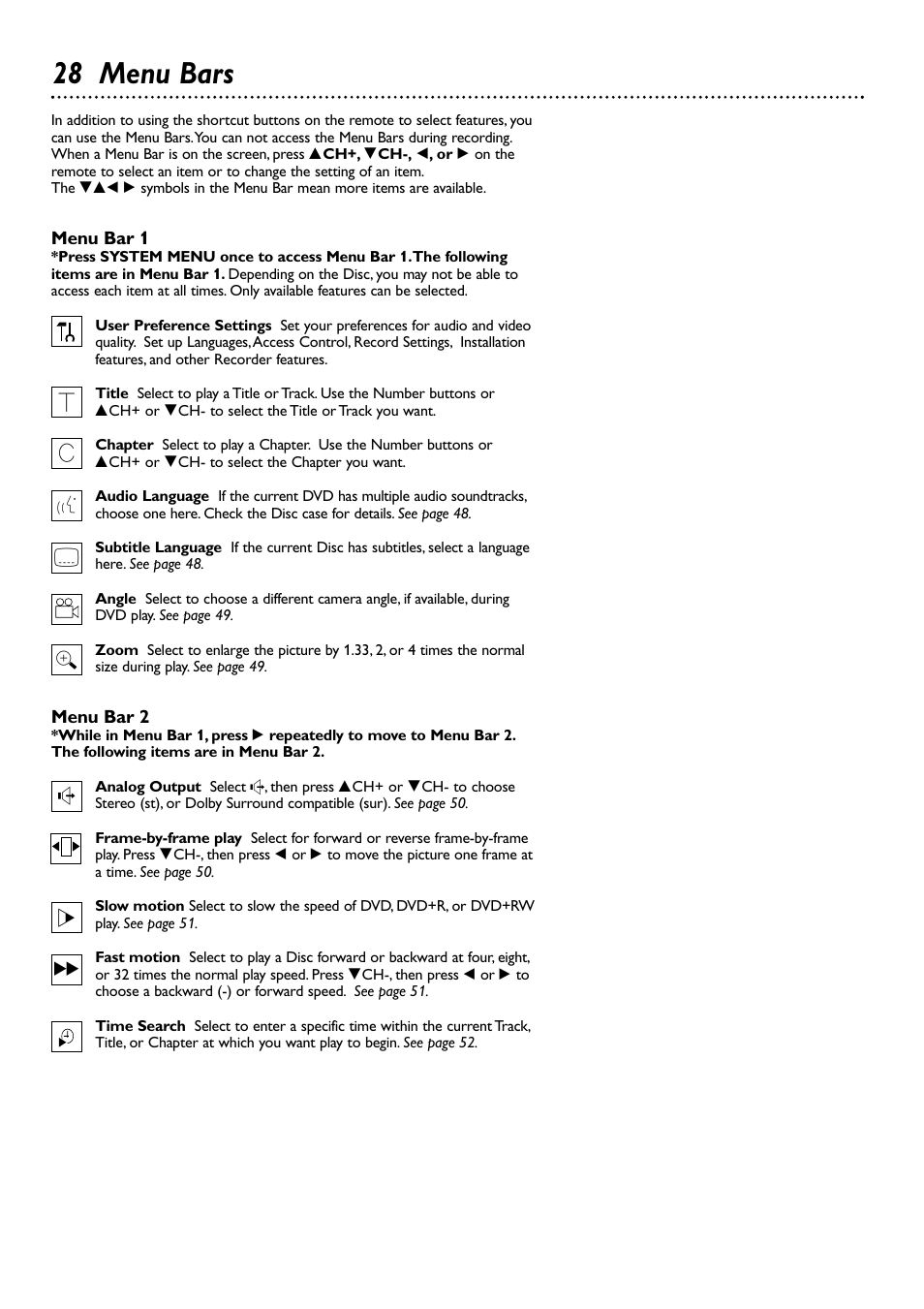 28 menu bars | Philips DVDR80/99 User Manual | Page 28 / 68
