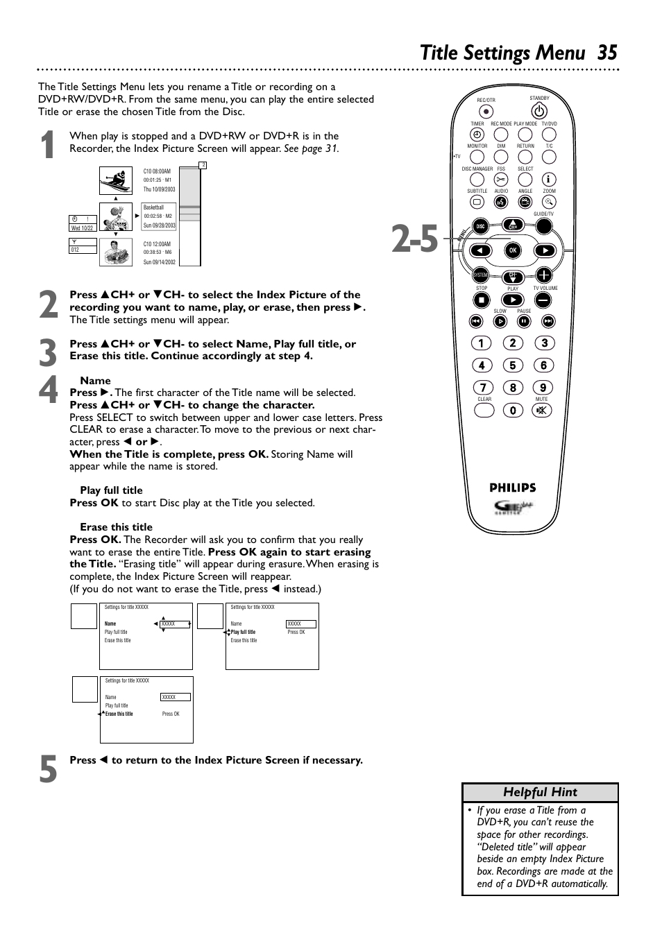 Title settings menu 35, Helpful hint | Philips DVDR80/99 User Manual | Page 35 / 68