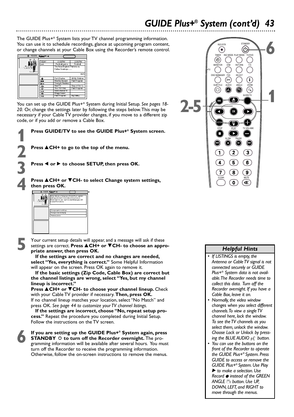 Guide plus, System (cont’d) 43, Helpful hints | Philips DVDR80/99 User Manual | Page 43 / 68