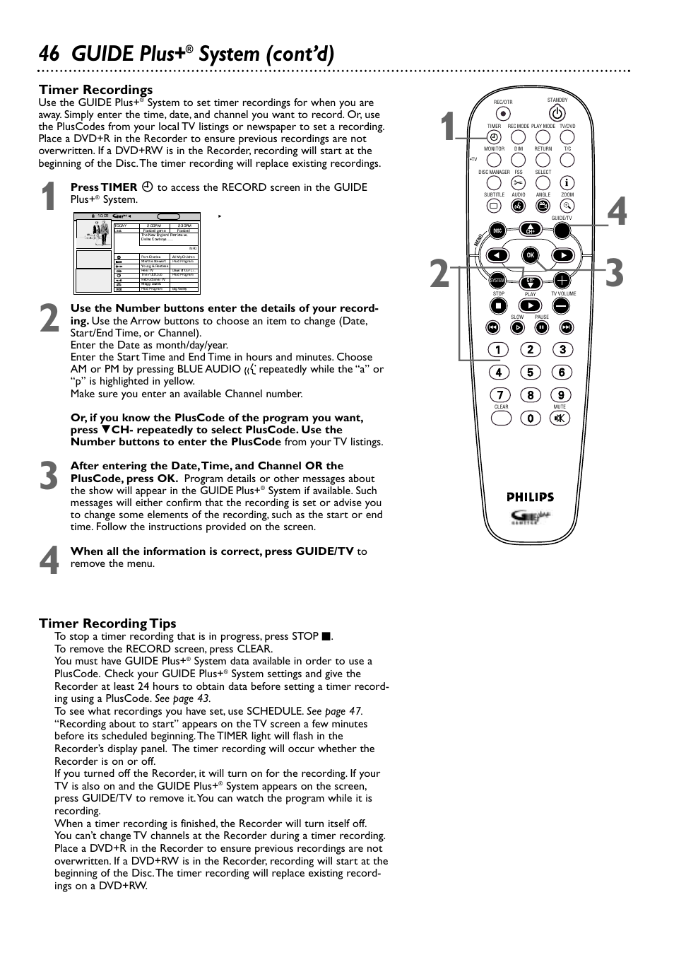 46 guide plus, System (cont’d), Timer recordings | Timer recording tips | Philips DVDR80/99 User Manual | Page 46 / 68