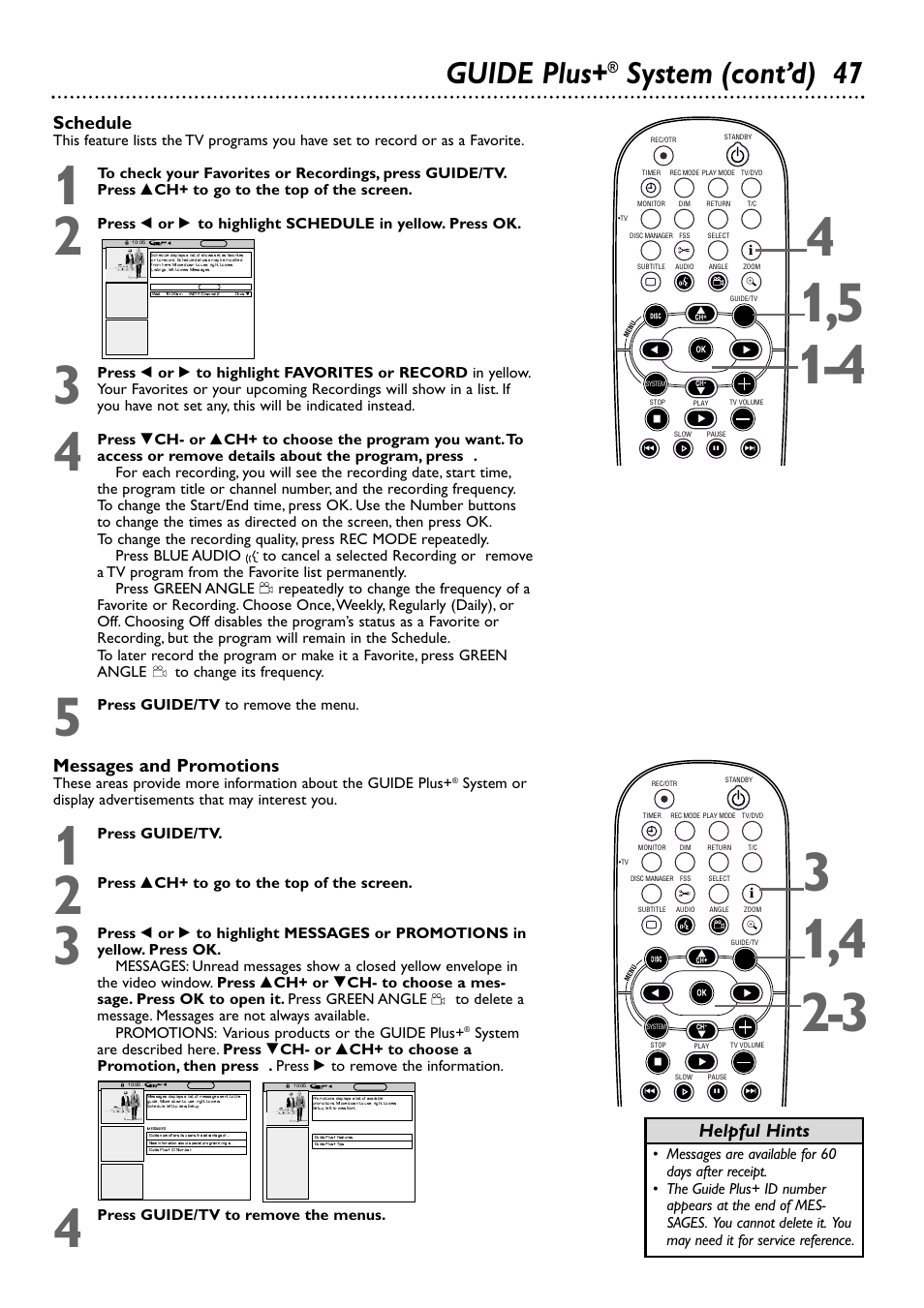 Guide plus, System (cont’d) 47, Messages and promotions | Schedule, Helpful hints | Philips DVDR80/99 User Manual | Page 47 / 68