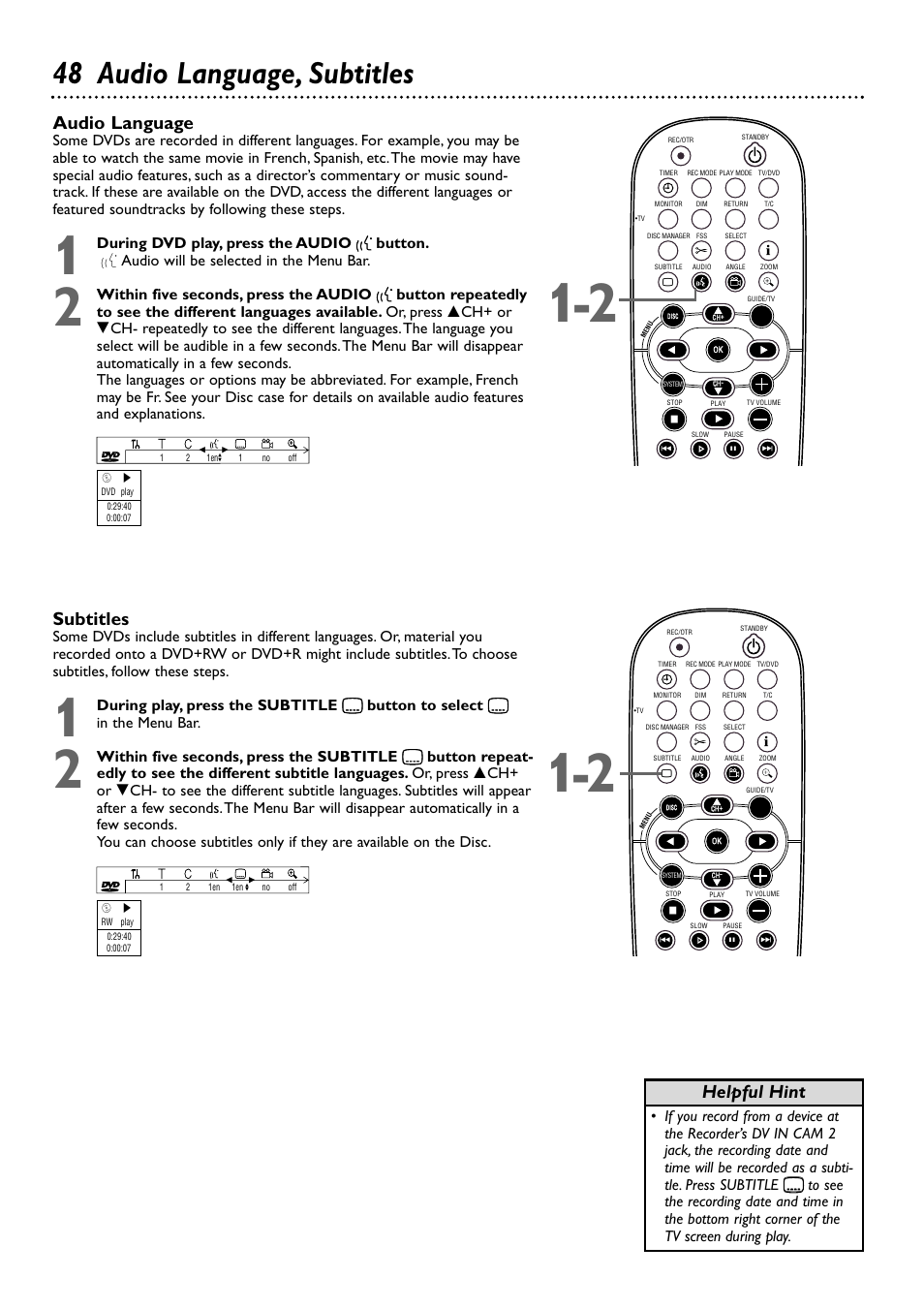 48 audio language, subtitles, Audio language, Subtitles | Helpful hint | Philips DVDR80/99 User Manual | Page 48 / 68