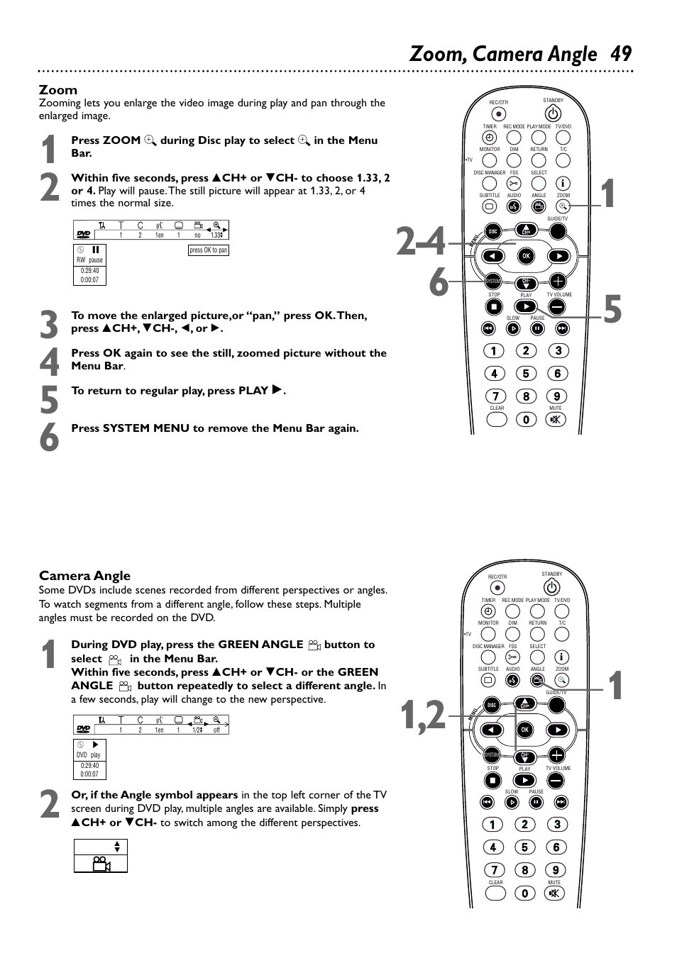 Zoom, camera angle 49, Zoom, Camera angle | Philips DVDR80/99 User Manual | Page 49 / 68