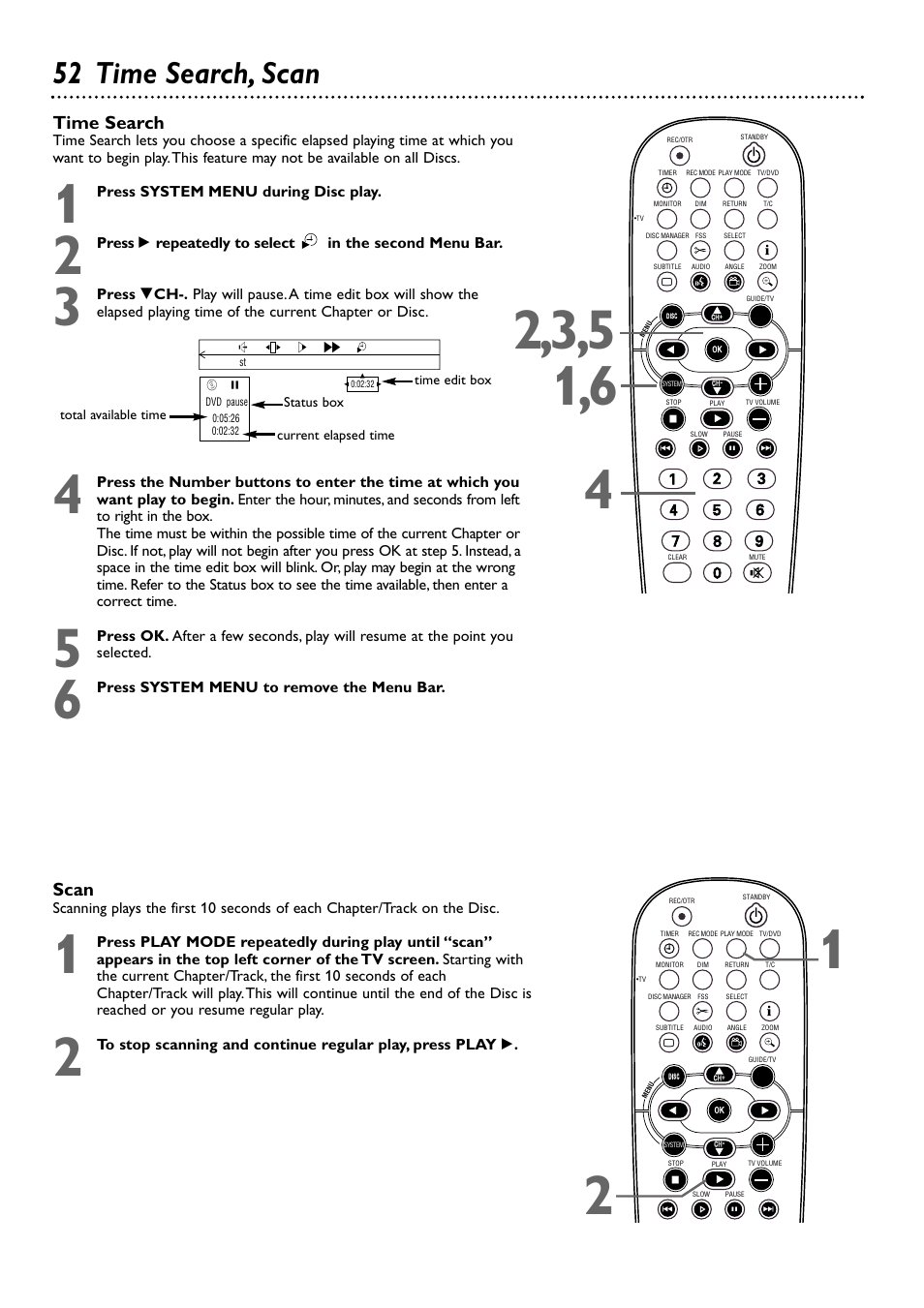 52 time search, scan, Scan, Time search | Philips DVDR80/99 User Manual | Page 52 / 68