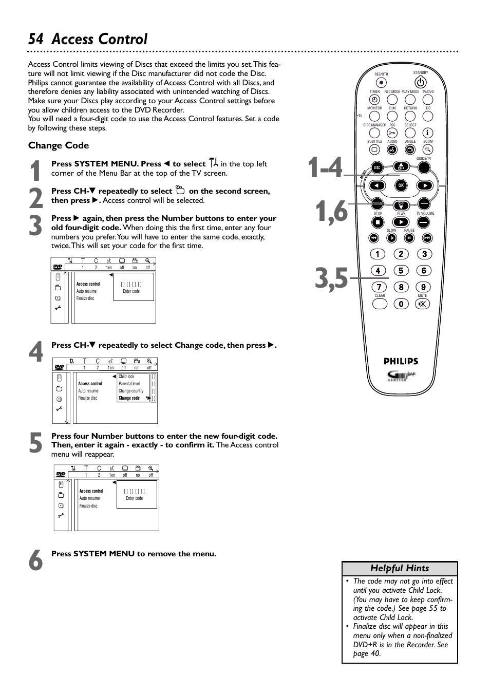 54 access control, Change code, Helpful hints | Philips DVDR80/99 User Manual | Page 54 / 68