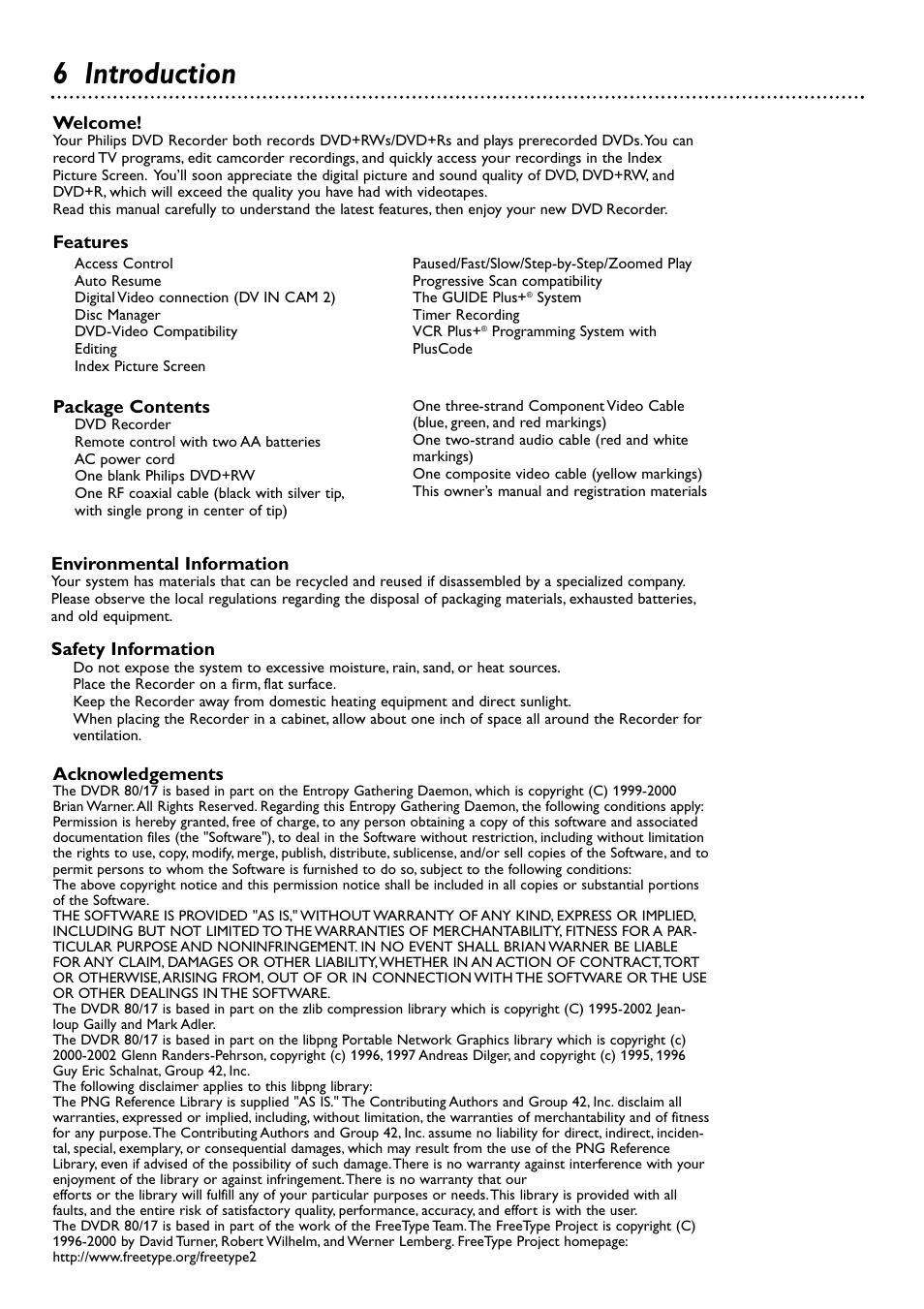 6 introduction, Welcome, Features | Package contents, Environmental information, Safety information, Acknowledgements | Philips DVDR80/99 User Manual | Page 6 / 68