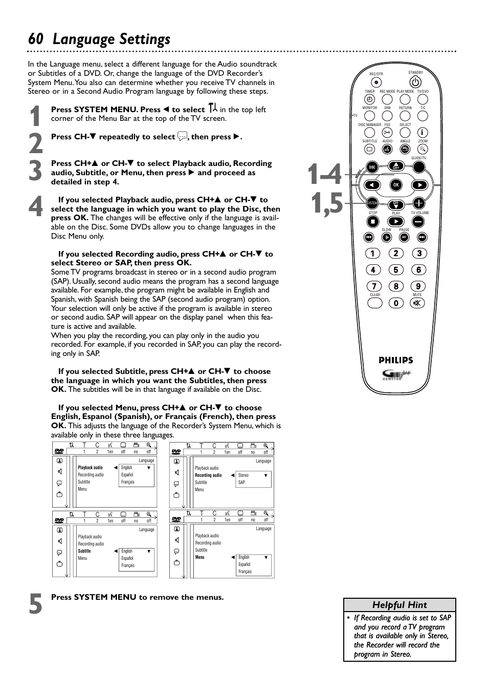 60 language settings, Helpful hint, Press ch- 9 repeatedly to select | Then press, Press system menu to remove the menus | Philips DVDR80/99 User Manual | Page 60 / 68