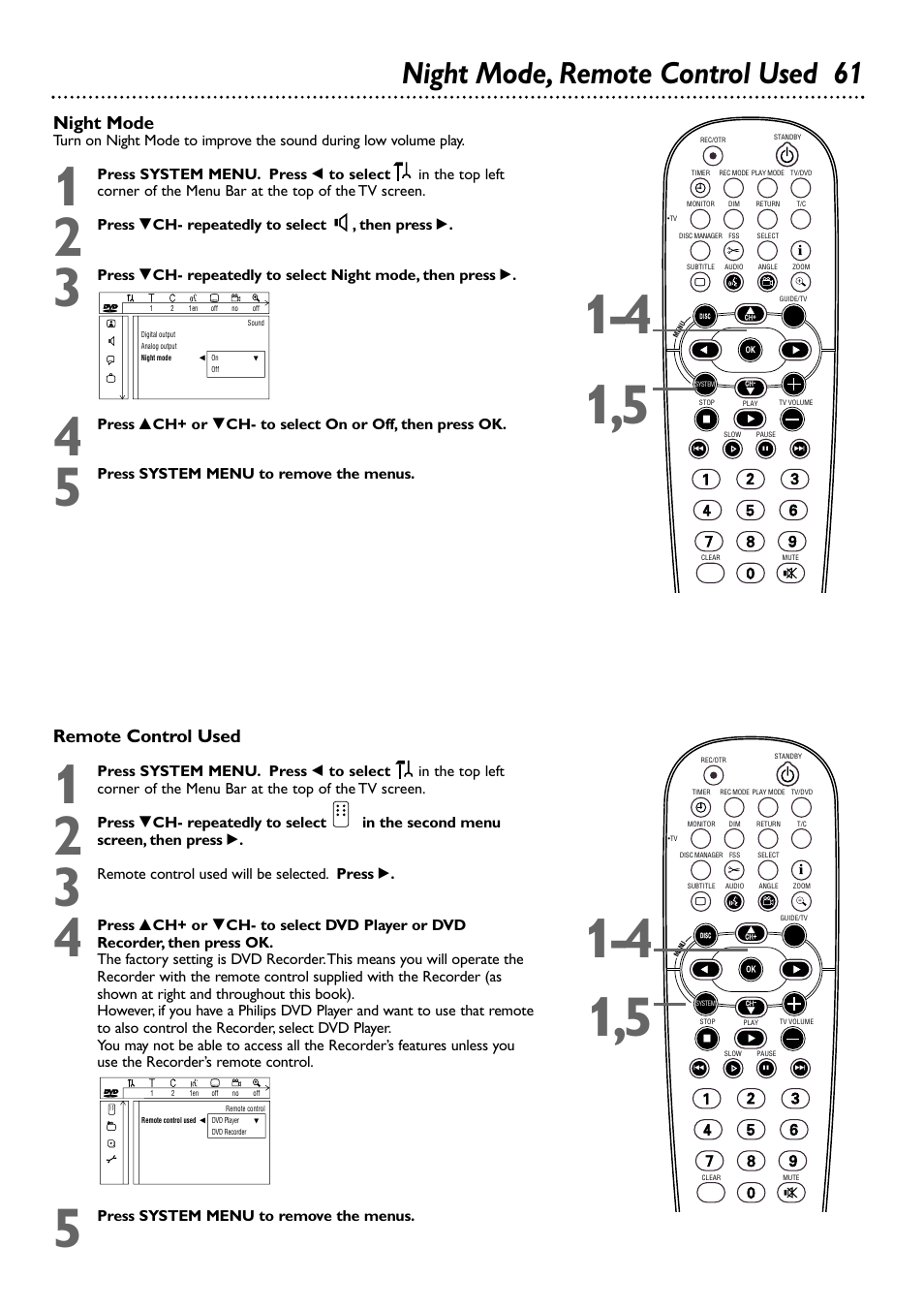 Night mode, remote control used 61, Remote control used, Night mode | Philips DVDR80/99 User Manual | Page 61 / 68