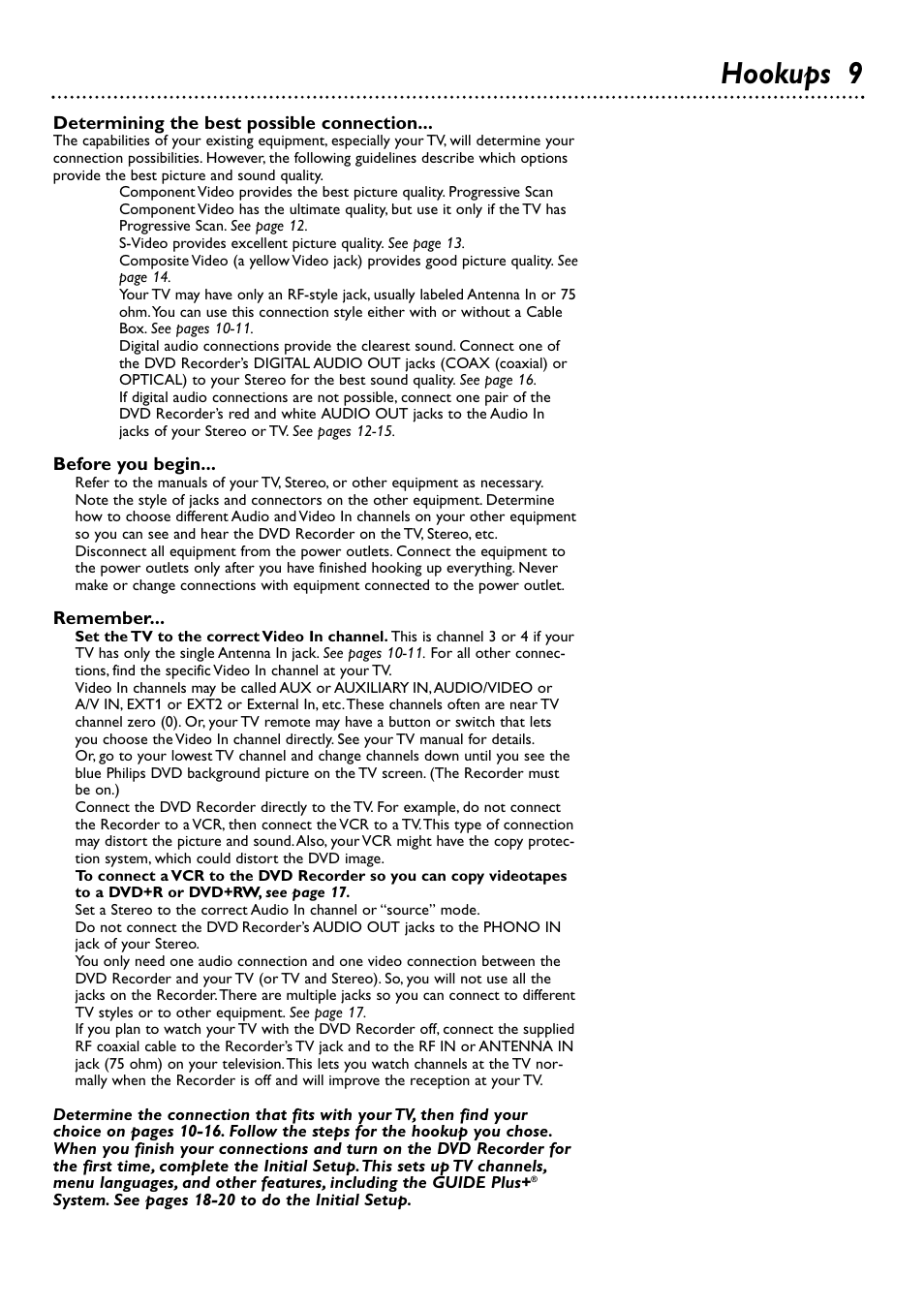 Hookups 9, Determining the best possible connection, Before you begin | Remember | Philips DVDR80/99 User Manual | Page 9 / 68