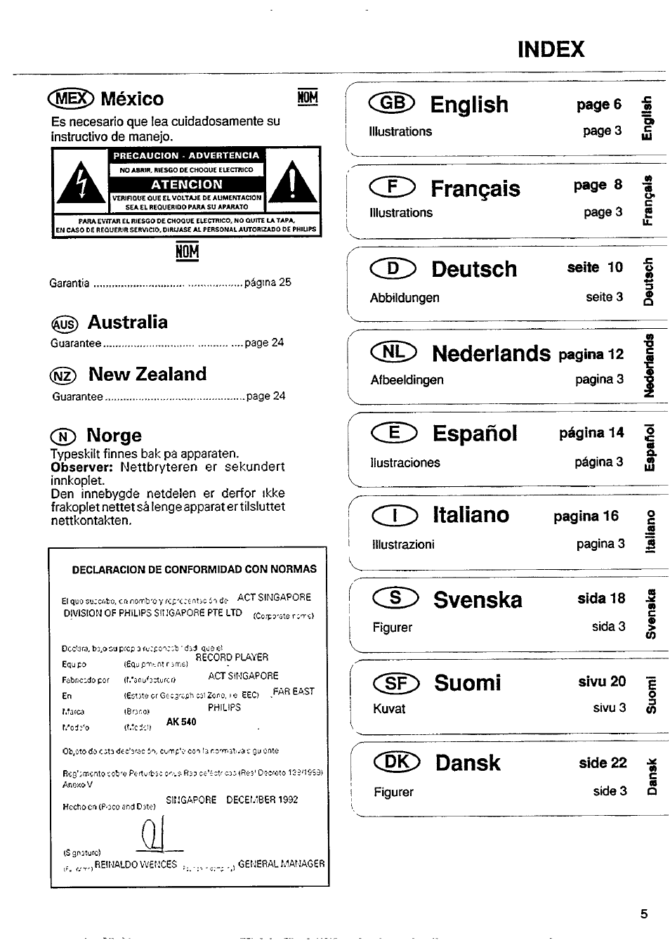 Index, Atencion, Ch> english | Ce^ français, C5d deutsch, Seite 10, Cd italiano, Сю> svenska, Df> suomi, Çpjo dansk | Philips AK 540 User Manual | Page 5 / 10