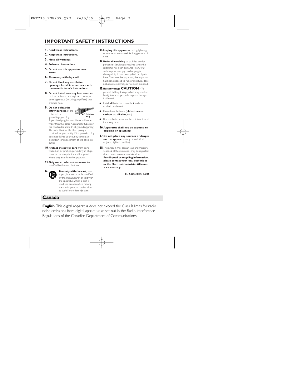 Canada, Important safety instructions | Philips HKGAC450 User Manual | Page 3 / 31