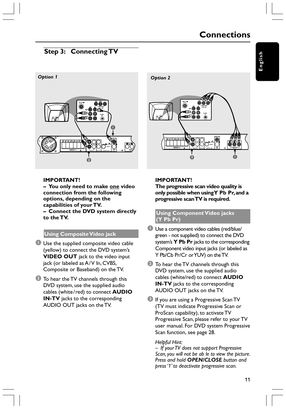 Connections, Step 3: connecting tv | Philips HTS3400 User Manual | Page 11 / 40