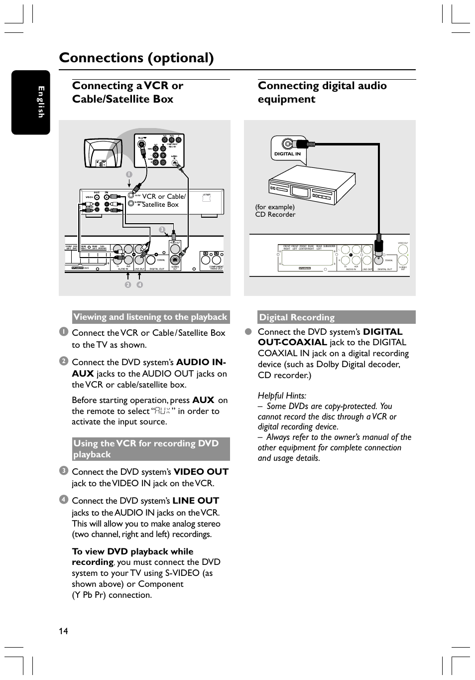 Connections (optional), Viewing and listening to the playback | Philips HTS3400 User Manual | Page 14 / 40