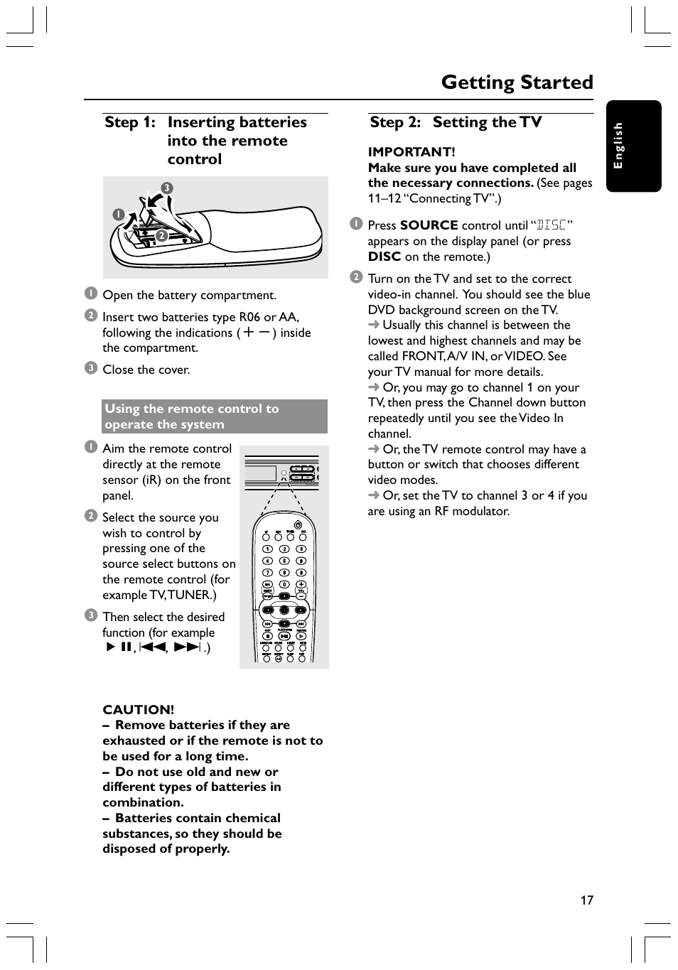 Getting started | Philips HTS3400 User Manual | Page 17 / 40