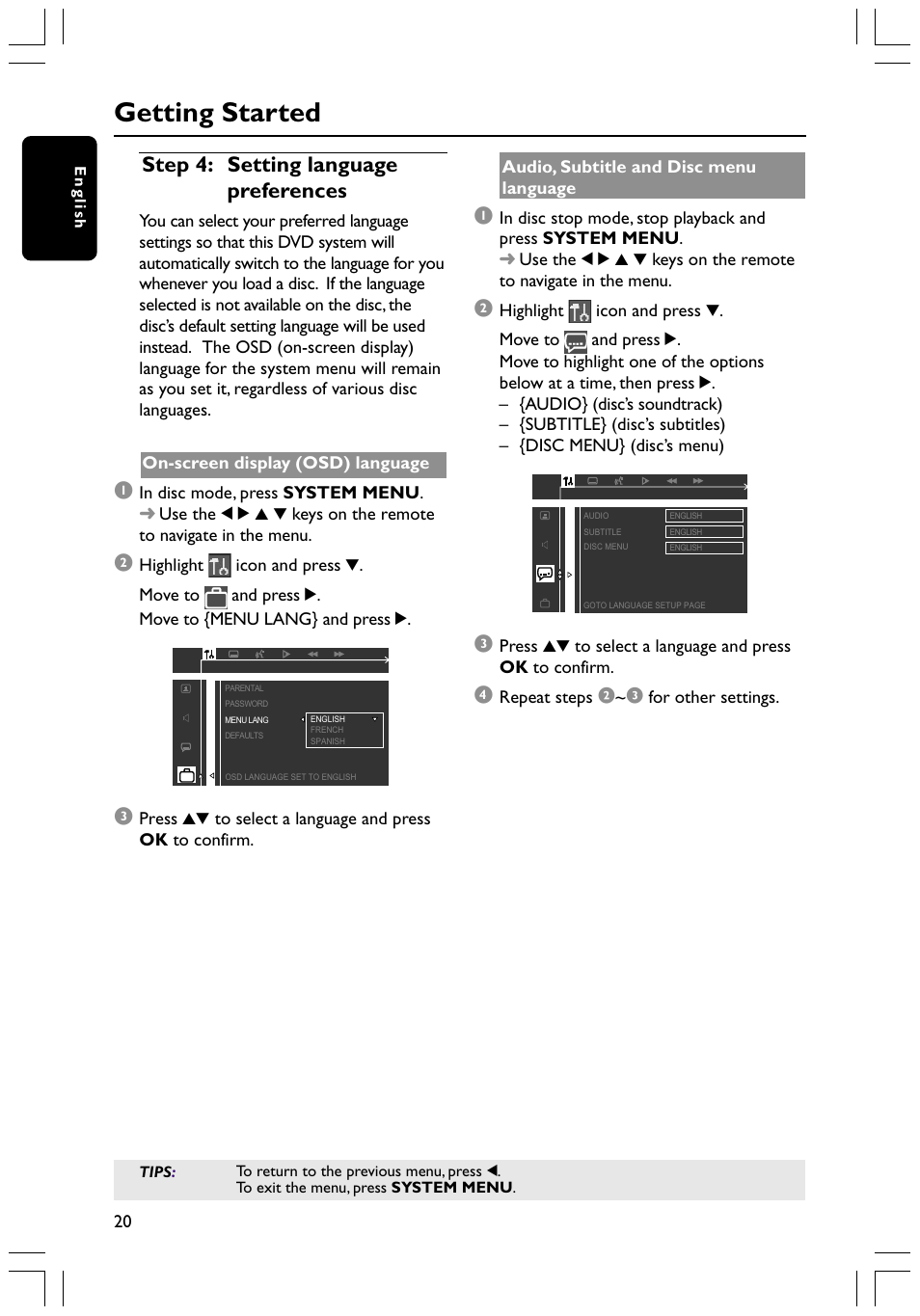 Getting started, Step 4: setting language preferences | Philips HTS3400 User Manual | Page 20 / 40