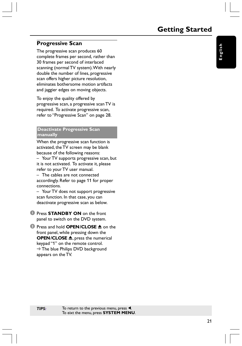 Getting started, Progressive scan | Philips HTS3400 User Manual | Page 21 / 40