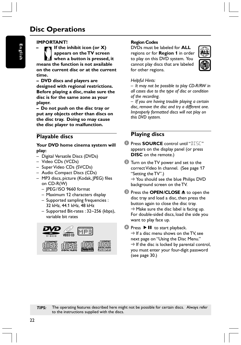 Disc operations | Philips HTS3400 User Manual | Page 22 / 40