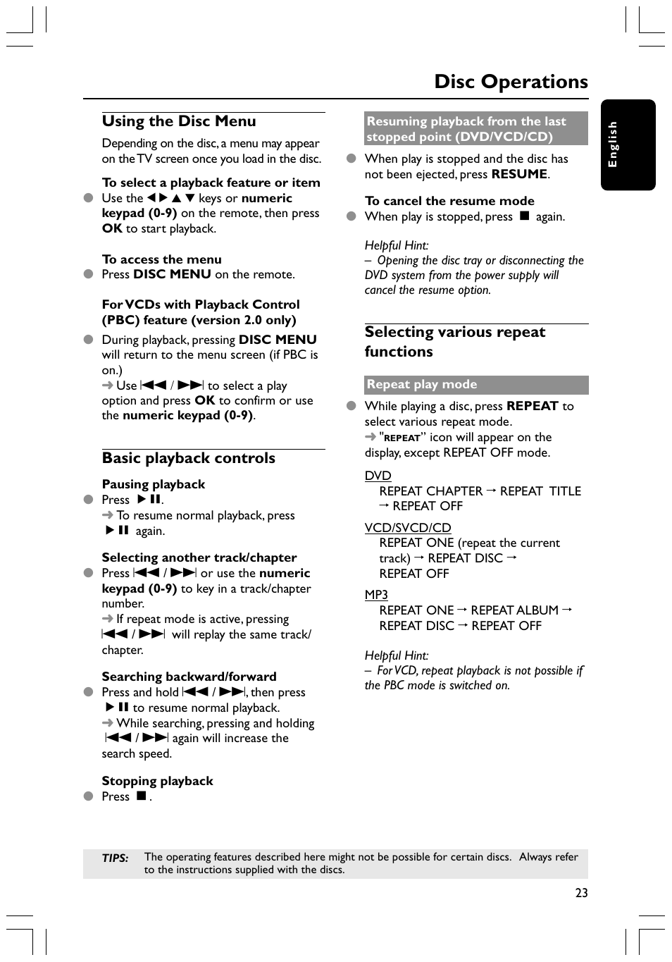 Disc operations, Using the disc menu, Basic playback controls | Selecting various repeat functions | Philips HTS3400 User Manual | Page 23 / 40