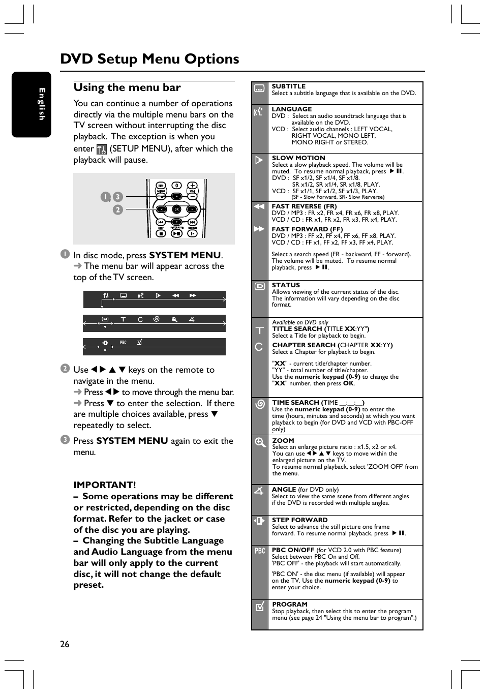 Dvd setup menu options, Using the menu bar | Philips HTS3400 User Manual | Page 26 / 40