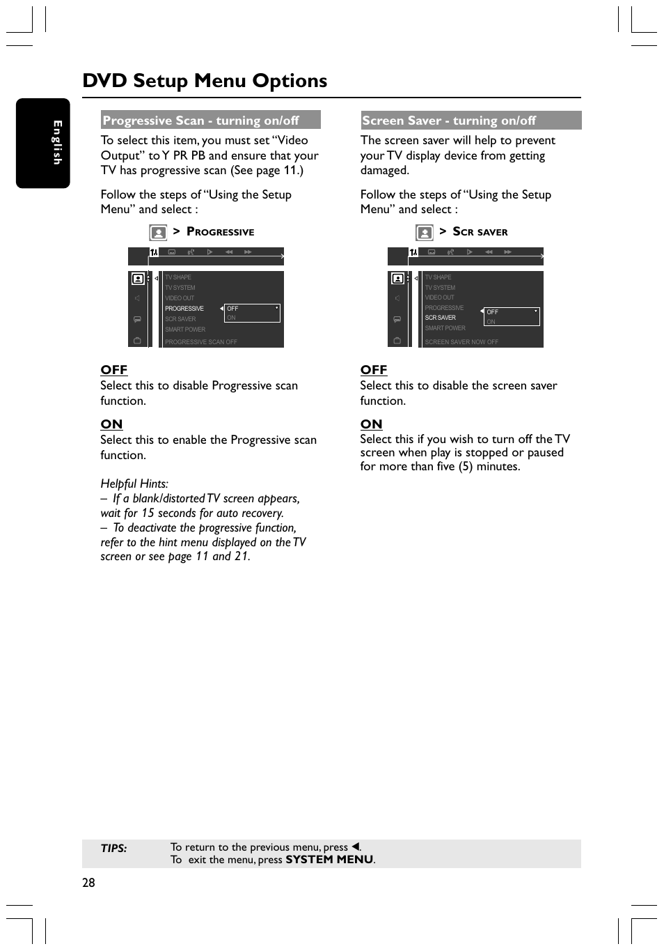 Dvd setup menu options | Philips HTS3400 User Manual | Page 28 / 40