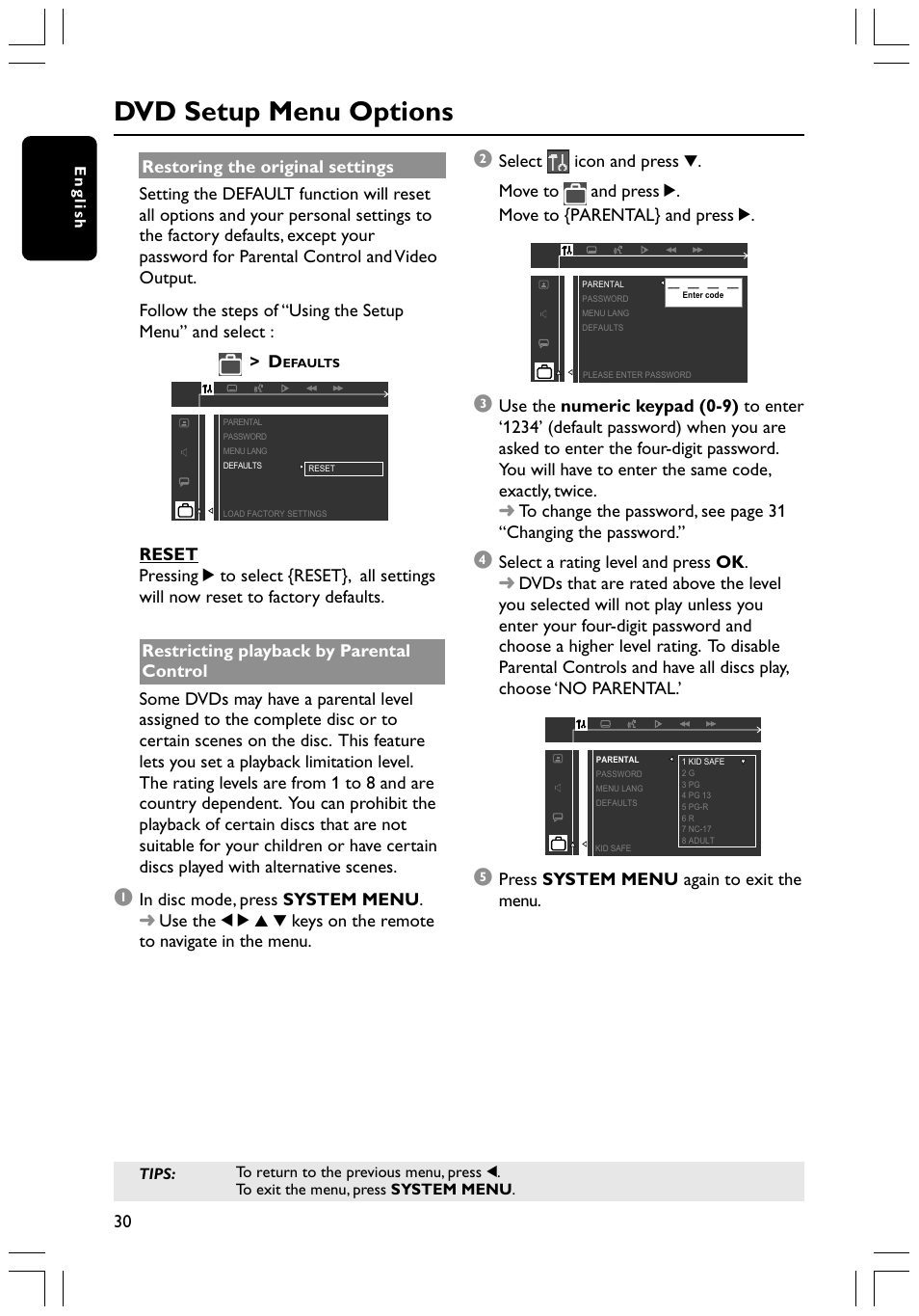 Dvd setup menu options | Philips HTS3400 User Manual | Page 30 / 40