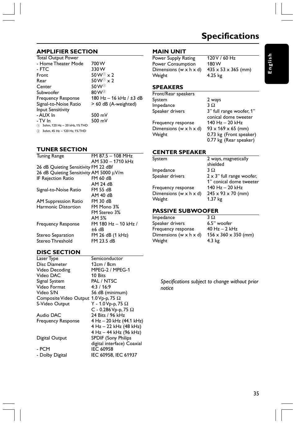 Specifications | Philips HTS3400 User Manual | Page 35 / 40