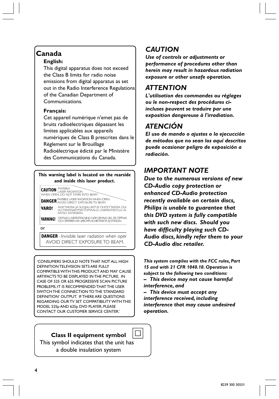 Caution, Attention, Atención | Canada | Philips HTS3400 User Manual | Page 4 / 40