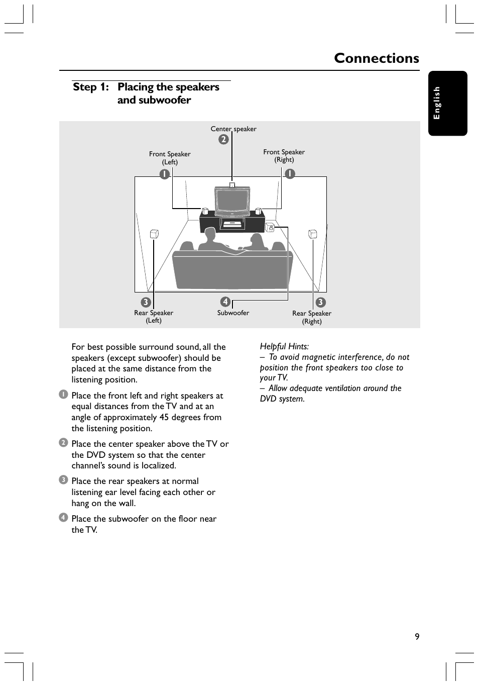 Connections, Step 1: placing the speakers and subwoofer | Philips HTS3400 User Manual | Page 9 / 40